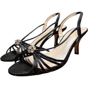 CAPARROS 9M Black Satin Formal Sandal Multu Strap Cage Central Rhinestone